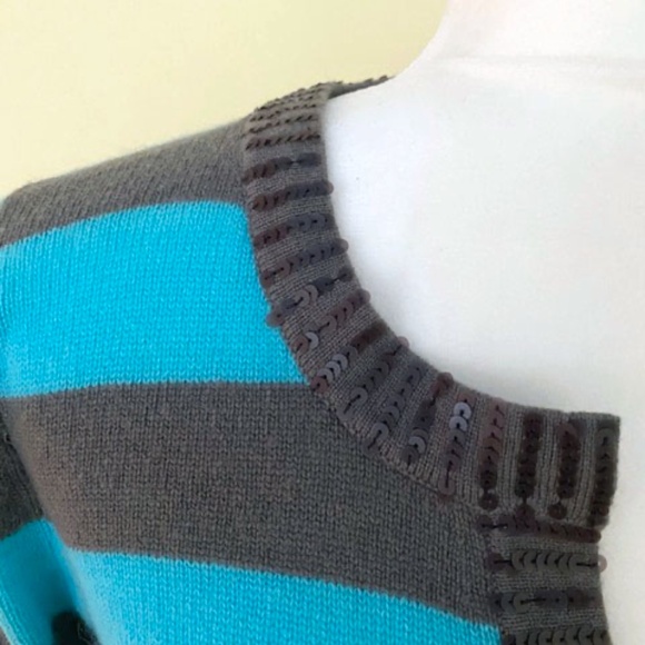 Autumn Cashmere 100% Stripe Beaded Long Sleeve Tunic Sweater Turquoise Gray - Picture 4 of 10